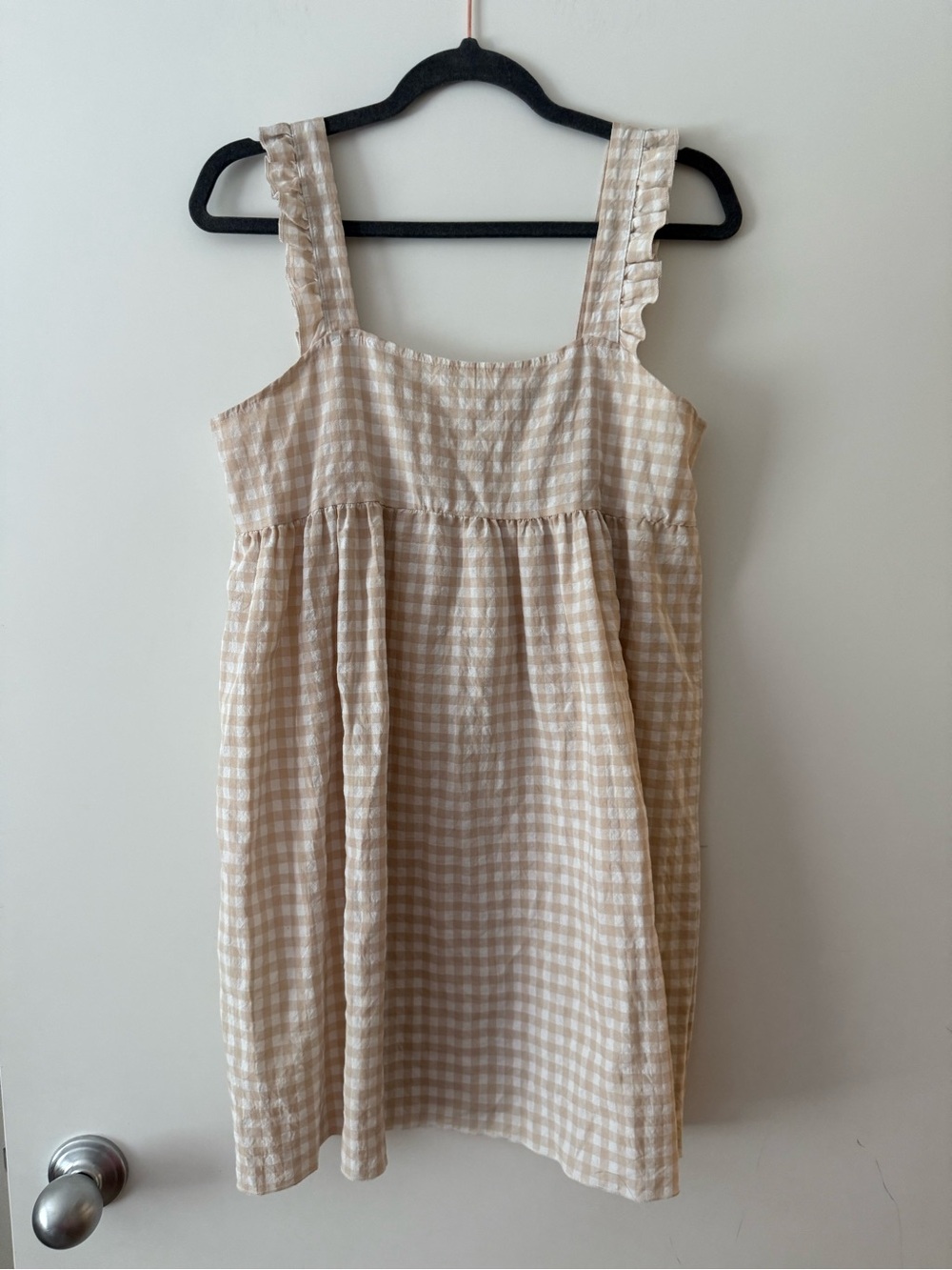 Cottagecore Beige Gingham Sundress with Ruffled Straps